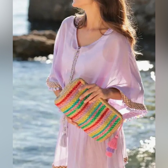 Shiraleah Chicago Melia Multi Color Vegan Jute Clutch Purse Beach Made In India - Picture 5 of 8